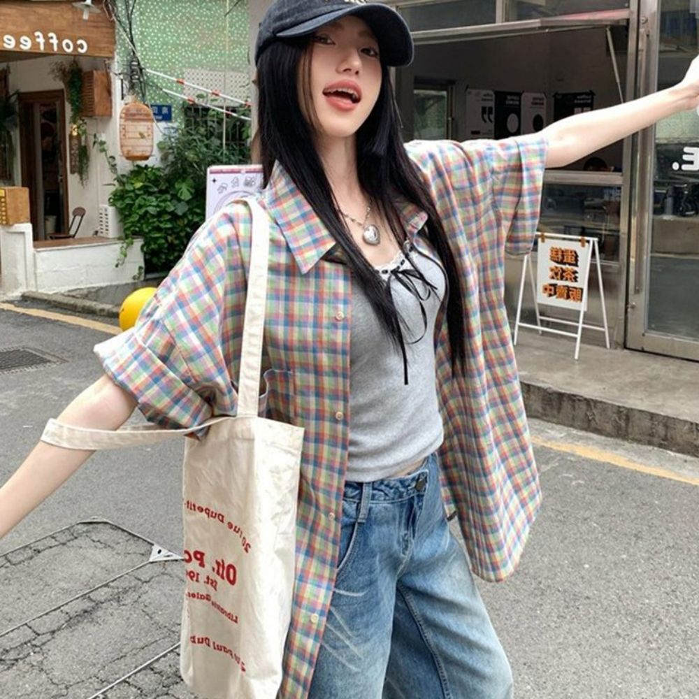 체크 포켓 캐쥬얼 아이템 박시핏 반팔 셔츠