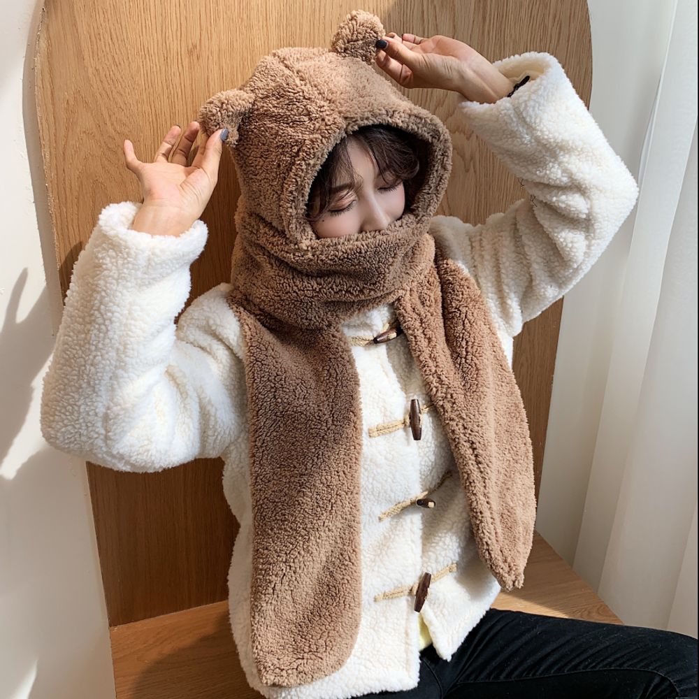 베어 목도리 모자 일체 겨울 학생 여성 털모자 머플러 크림