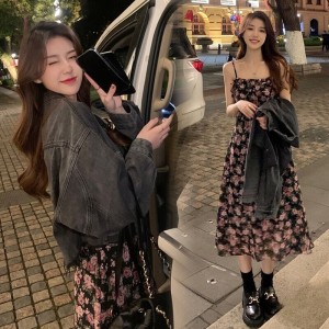 플라워 뷔스티에 원피스 세트 여자 올가을 프랑스식 베르사유 쇼트 데님 외투 루즈한 작업복 투피스