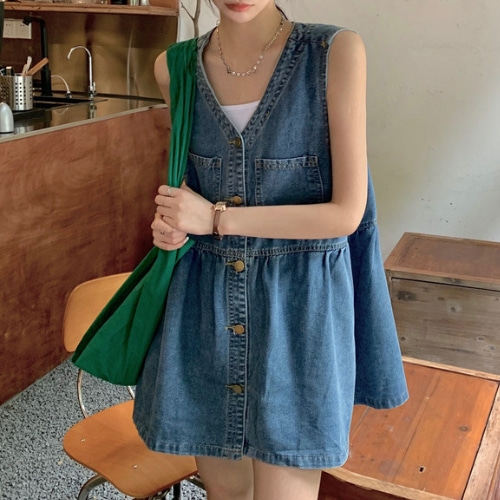 안녕릴리 여성 미니 브이넥 멜빵 데님 슬립 원피스 데님 원피스
