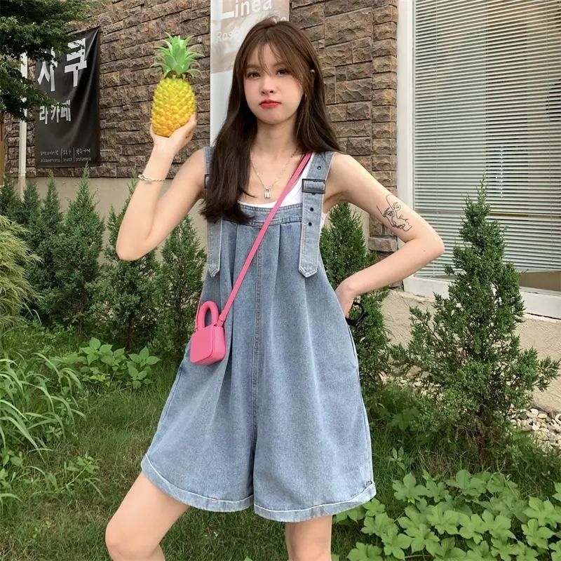 점프슈트 멜빵 청반바지 여름 얇은 5부 데님 팬츠 여성 학생 데일리 바지