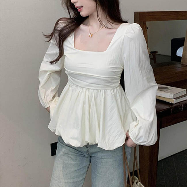 앤드스타일 P5 펌킨 셔링 스퀘어넥 긴팔 블라우스 263619