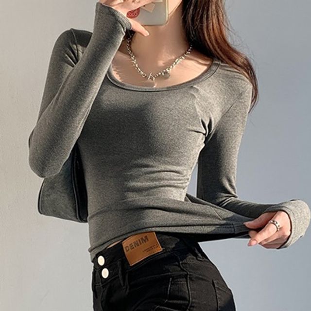 여성 무지 긴팔 라운드넥 이너 긴팔 티셔츠