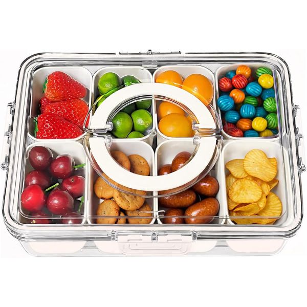 몽호 주방정리 Portable Snackle Box Container - Divided Serving Tray with Lid and Handle Clear Snack