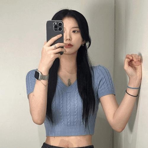 여성 쫀쫀 꽈배기 크롭 반팔 니트 티 V넥 브이넥 여자 골지 소라 여름 티셔츠