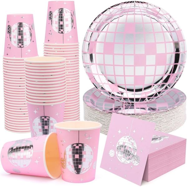 PUFIER 디스코 파티 - 볼 종이 접시 컵 칵테일 냅킨 70년대 장식 100Pcs