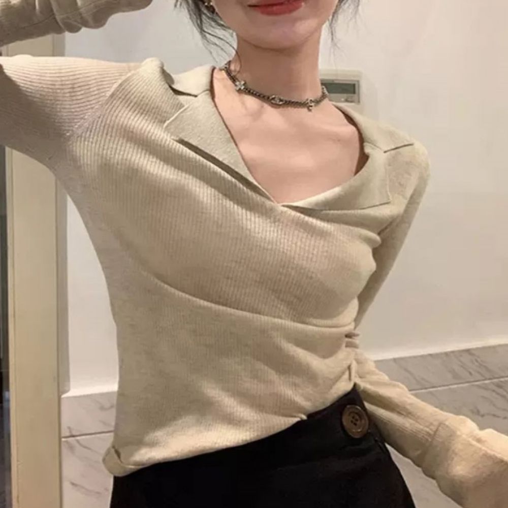여성 4컬러 슬림핏 롱슬리브 카라 브이넥 긴팔 티셔츠