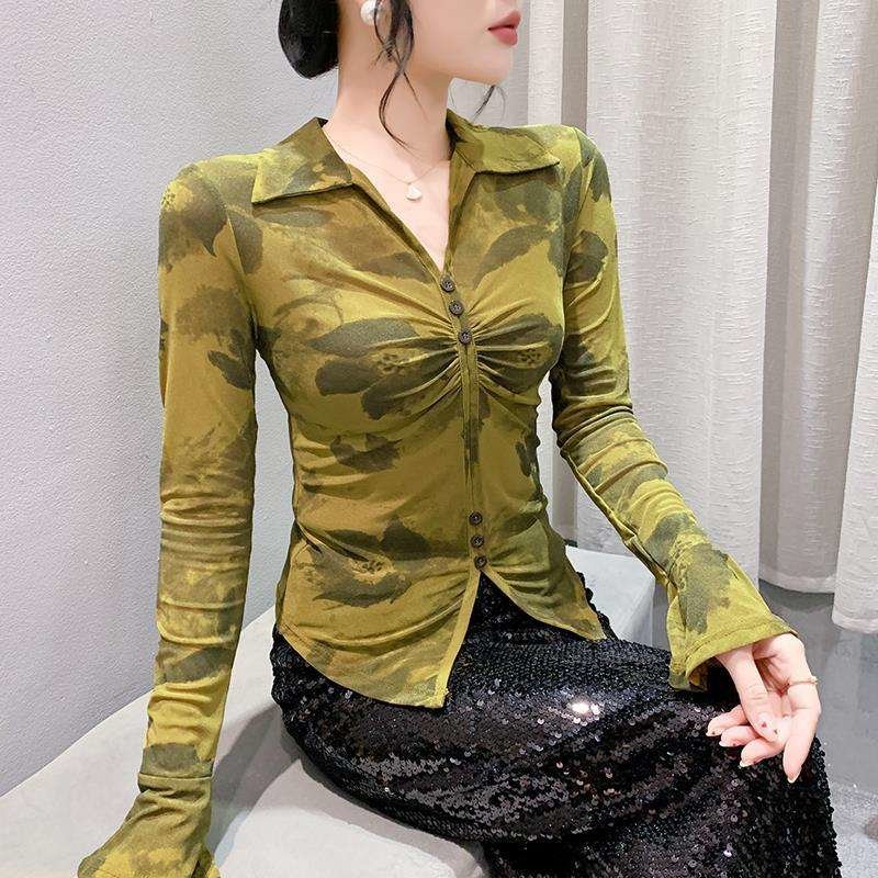 여성 라틴댄스복 상의 티셔츠 라인댄스 메쉬 카라 무대의상 사교 섹시댄스복 화려한티셔츠 여성댄스복