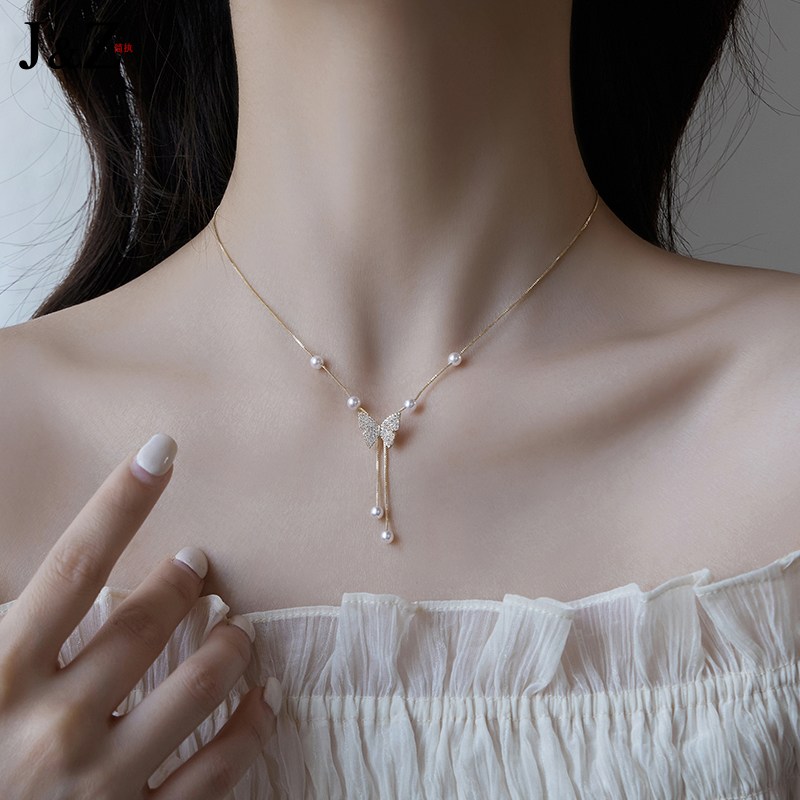 어디에나 잘 어울리는 나비 지퍼 진주 목걸이 여 여름 가벼운 럭셔리 프리미엄 디자인 초커 체인 체인