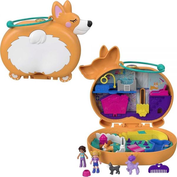 폴리 포켓 Polly Pocket 컴팩트 플레이세트 코기 커들 마이크로 인형 2개 액세서리 서프라이즈 리빌이 여행용 장난감 독점