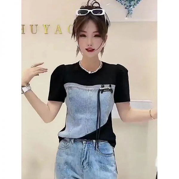 여자 데님셔츠 청남방 데님 스티칭 콘트라스트 티셔츠 반팔 여성 여름 디자인 슬림 셀러브리티