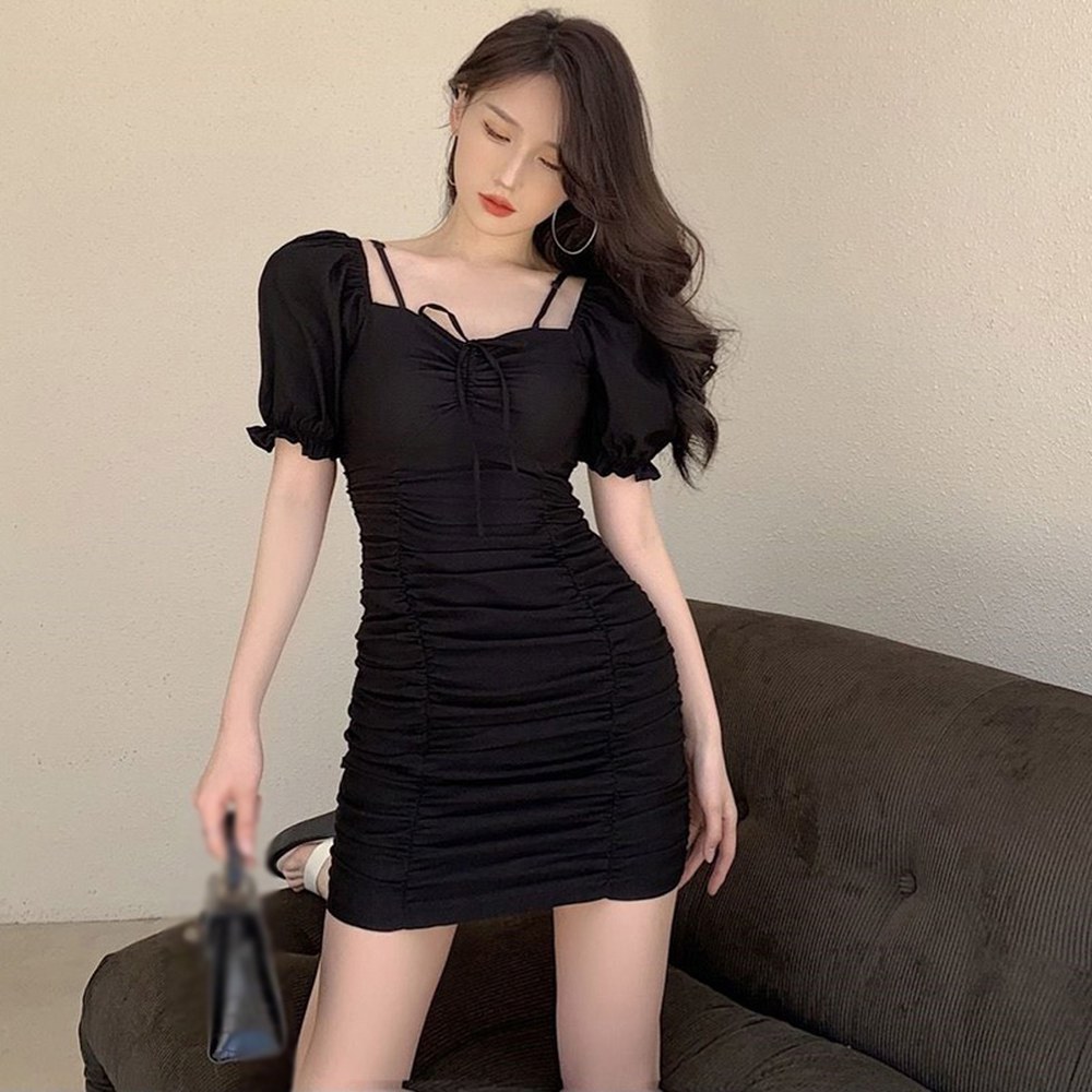 여성용 스퀘어 넥 레이스업 슬림 반팔 드레스 스키니 스트레치 파티 클럽 스파이스 걸 미니 원피스