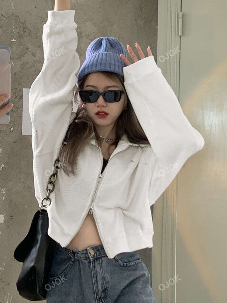 여성 맨투맨 후드티 알파벳 패치 풀 지퍼 드롭 숄더 쇼트 스포츠 셔츠 739188