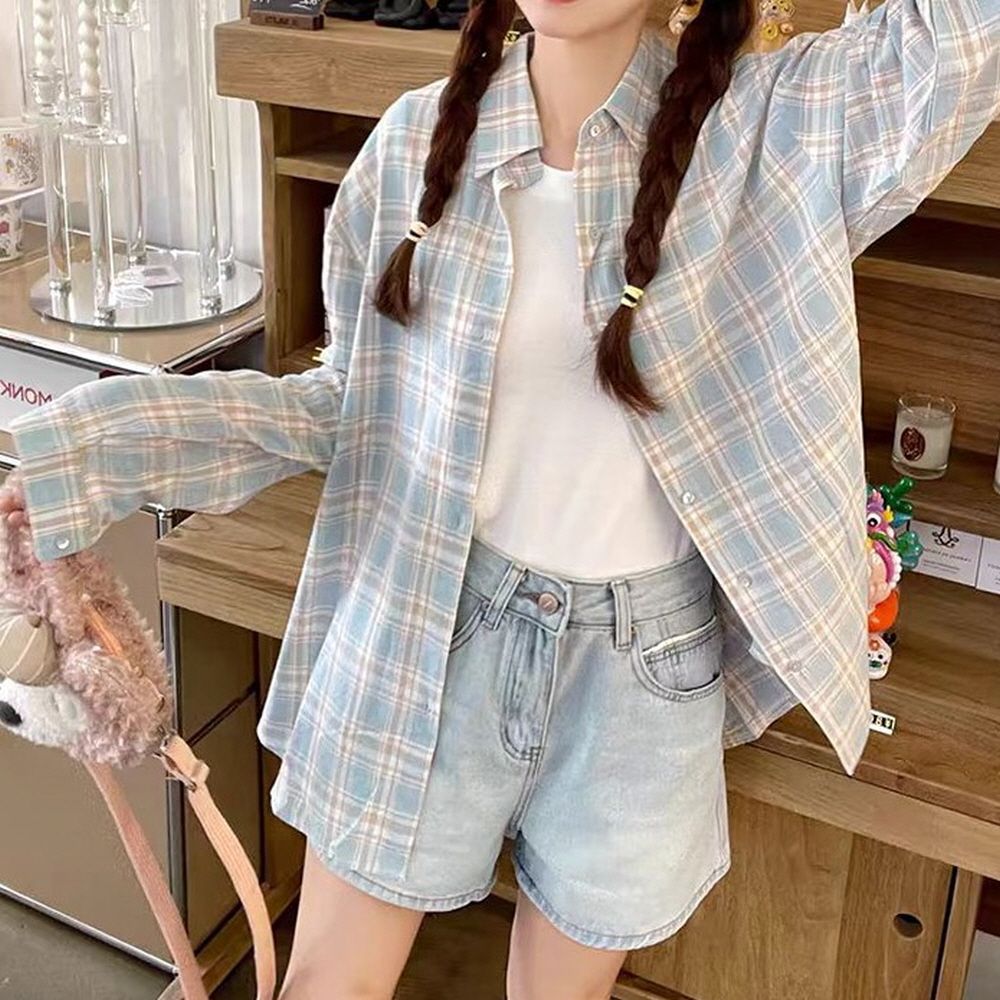 환절기 활용도 여성 루즈핏 체크 셔츠