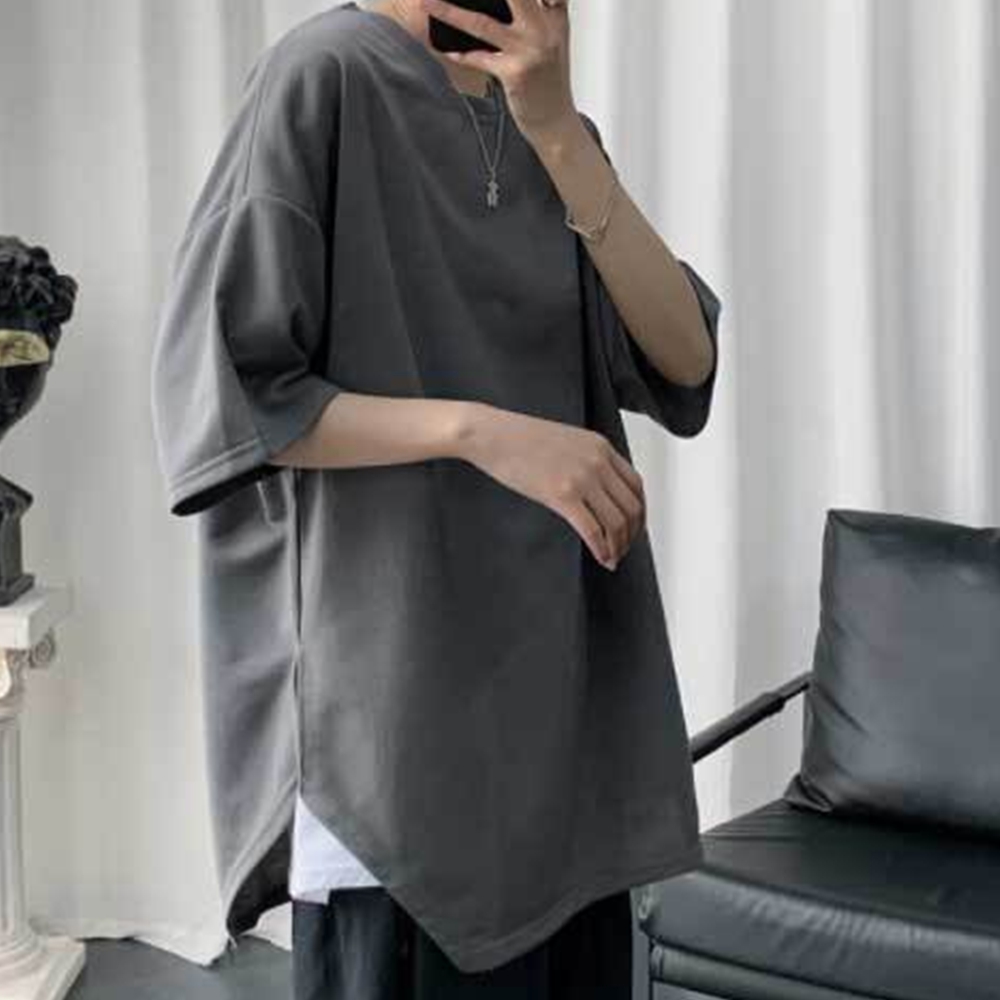 남성 반팔 라운드넥 티셔츠 옆트임 루트핏 박스티 블랙-XL 블랙-XL