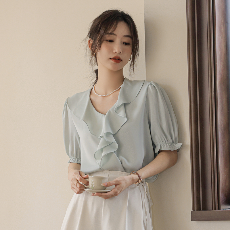 시크마녀 러플블라우스 화이트블라우스 여름 하객 프릴 셔츠 브이넥 슬림 04 02 녹색