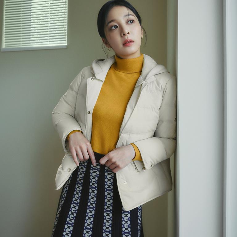 지센 여성 오리털 스판 니트배색 후드 패딩 2컬러 GNEMVOELD344