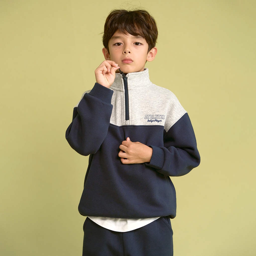 인디고뱅크키즈 편안한데 멋스러운 활용도가 데일리 반집업 맨투맨 속기모로 따뜻해요 인디고키즈 기모 쭈리 배 색 반 집 업 58 헌터 120
