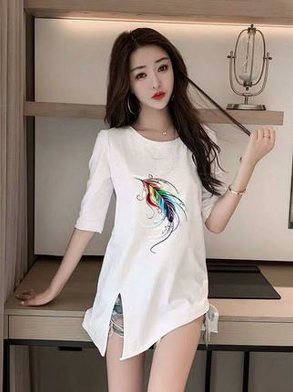 여성 트임 티셔츠 루즈핏 7부 상의 탑 랩 옵션14