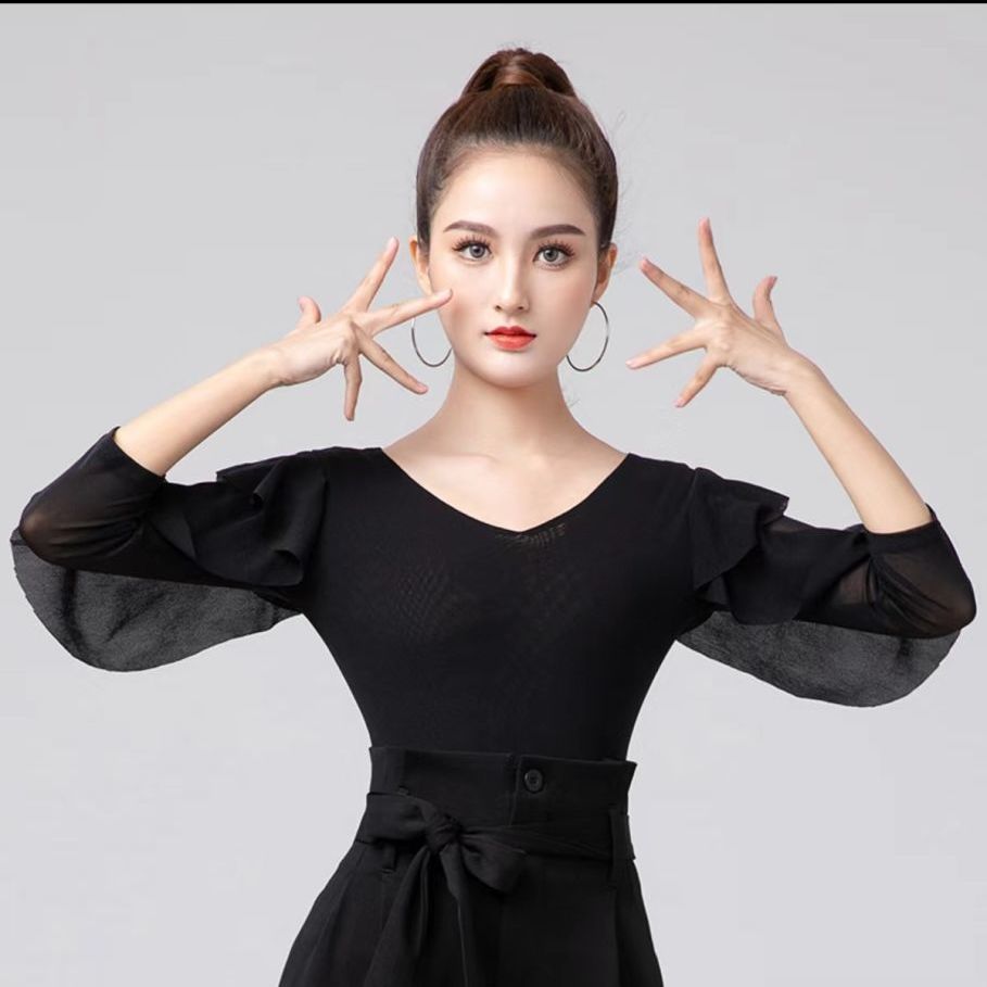 couyor 라인댄스 라틴댄스복 상의 스포츠댄스복 방송댄스복 블랙-V카라-7부소매