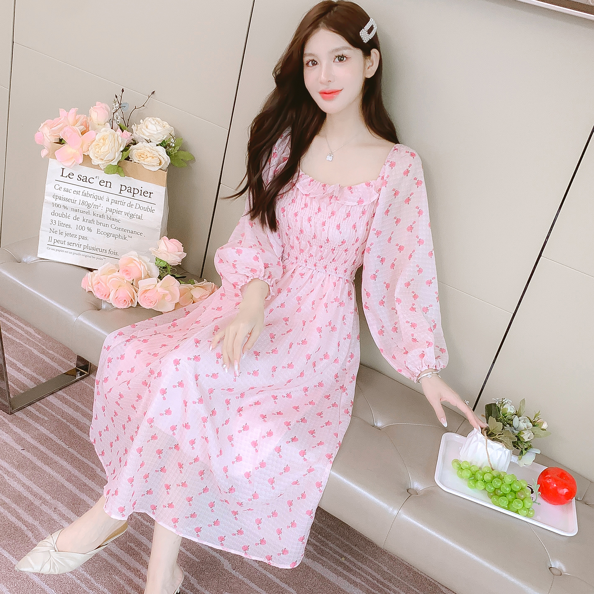 하객원피스 봄가을 플라워 스퀘어넥 롱 쉬폰 77사이즈 원피스 01 그림색 01 S
