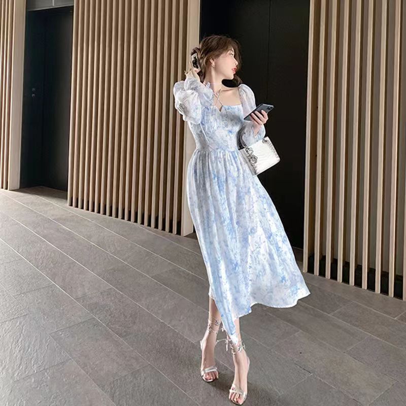 프렌치 플라워 원피스 하늘하늘 스타일리쉬 여리여리한 고급스러움 롱ops 03 L 01 푸른 색