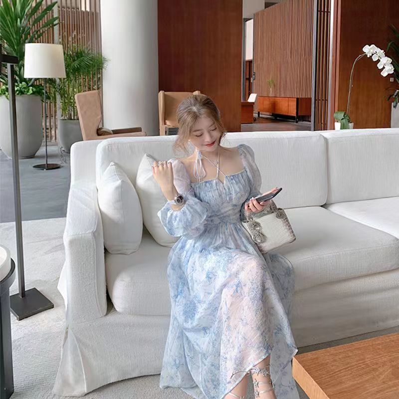 프렌치 플라워 원피스 하늘하늘 스타일리쉬 여리여리한 고급스러움 롱ops 03 L 01 푸른 색