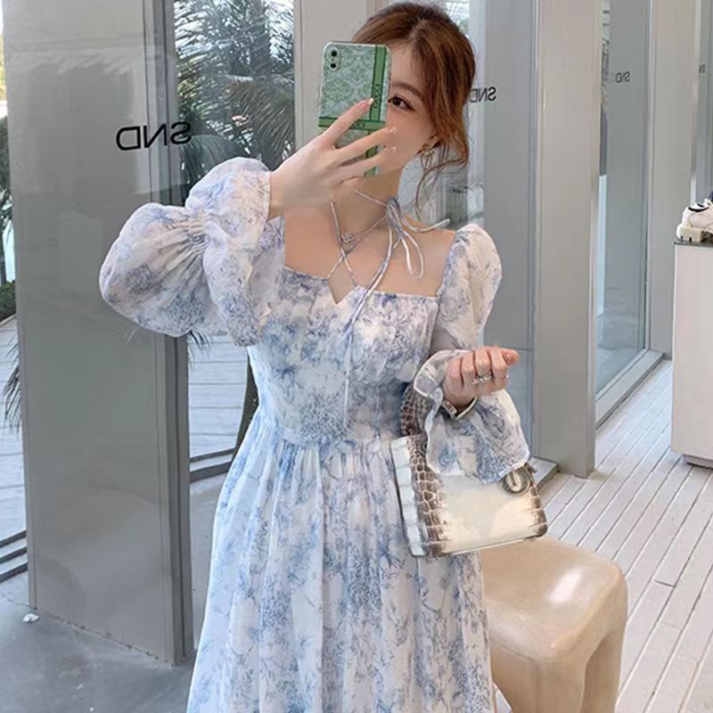 프렌치 플라워 원피스 하늘하늘 스타일리쉬 여리여리한 고급스러움 롱ops 03 L 01 푸른 색