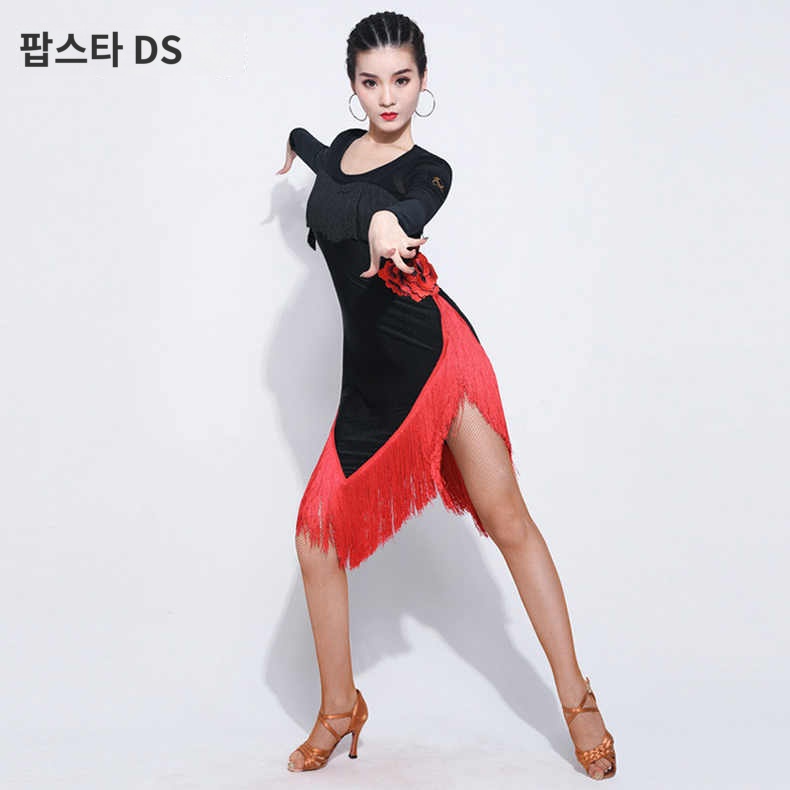 차차 살사 연습복 룸바 대회의상 스포츠댄스 라틴댄스 차이나카라 원피스 라운드넥