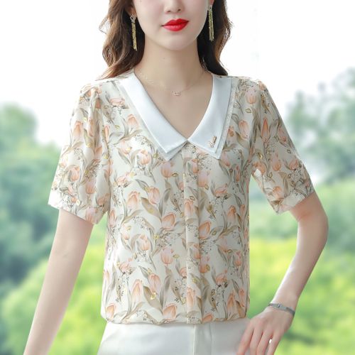 40 50대 미시 이중 카라 브로치 플라워 튤립 반팔 쉬폰 블라우스 하객 엄마옷