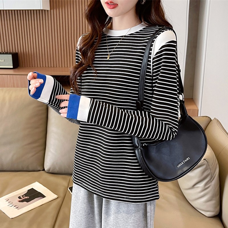 패스타임 여성 소프트 라운드 이너 긴팔 스트라이프 티셔츠 L TS2275