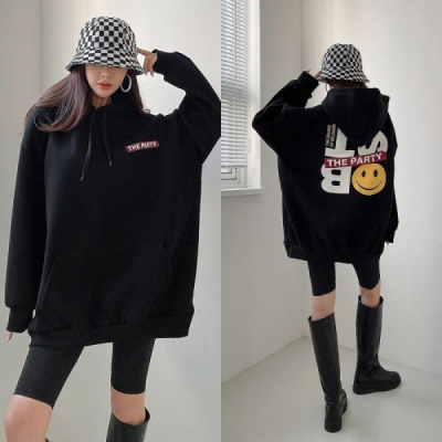 스마일파티 오버핏 기모 롱후드티 커플룩 TRT-730