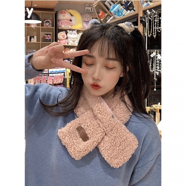 겨울 뽀글이 가죽라벨 퍼 숏 쁘띠 목도리 머플러 스카프