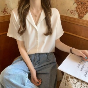 OtherB lijinzh82023 여름 한국판 기본 정장 칼라 백합 단색 반팔 셔츠 상의녀