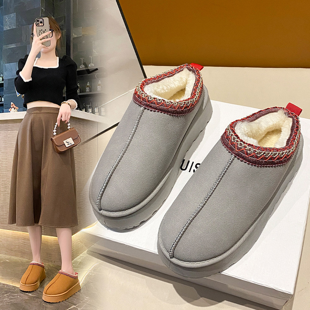Uggs 2024 여성용 양모 털 따뜻한 플랫폼 슬리퍼 스펀지 밑창 코튼 신발 힐 없는 부츠