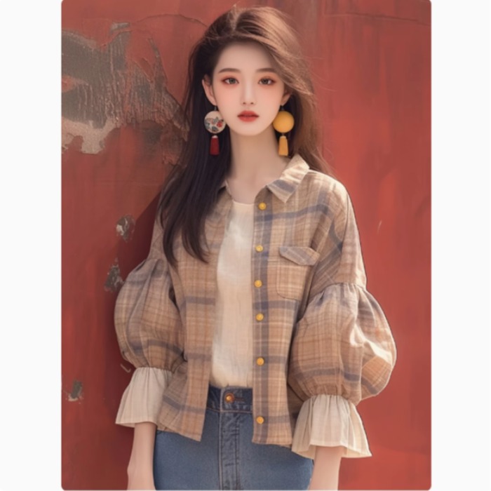 여성용봄가을신상유니크완전예쁜키니콤비멜란지벌룬체크코트 L 커피