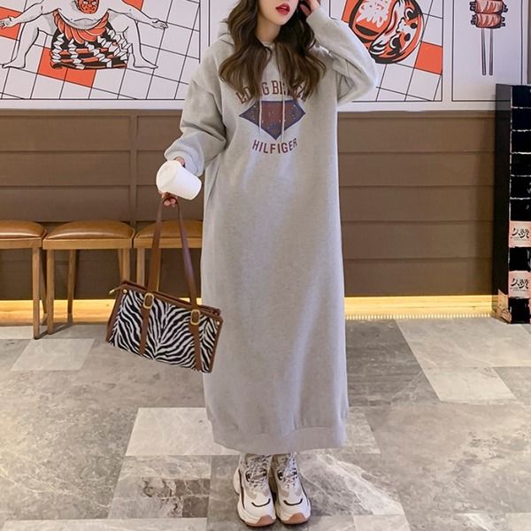 나래가 여자 후드 원피스 긴팔 맥시 프린트 캐주얼 가을pfg41
