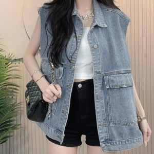 오버빗 날씬 워싱 청 조끼 데일리 카라 데님