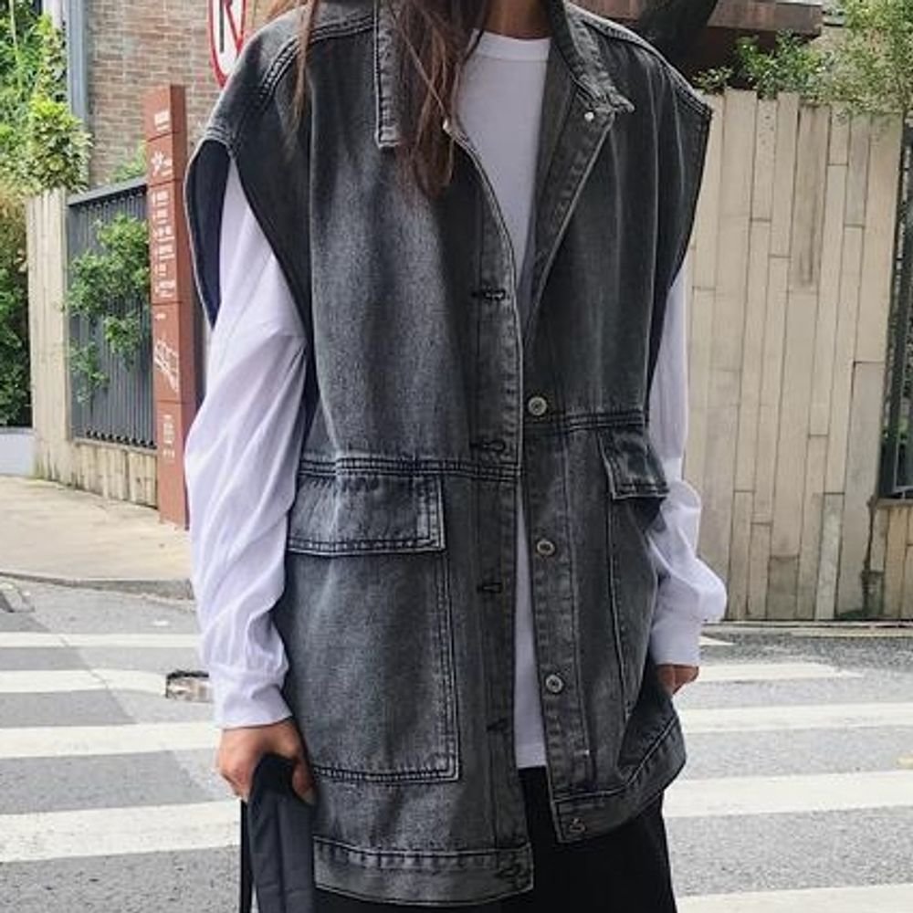 청 데님 조끼 데일리 오버핏 카라