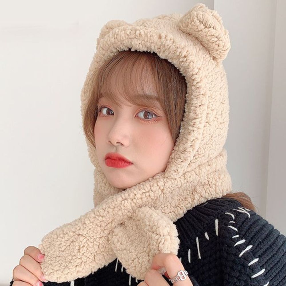 이룸 방한 겨울 후리스 뽀글이 곰돌이머플러 후드모자