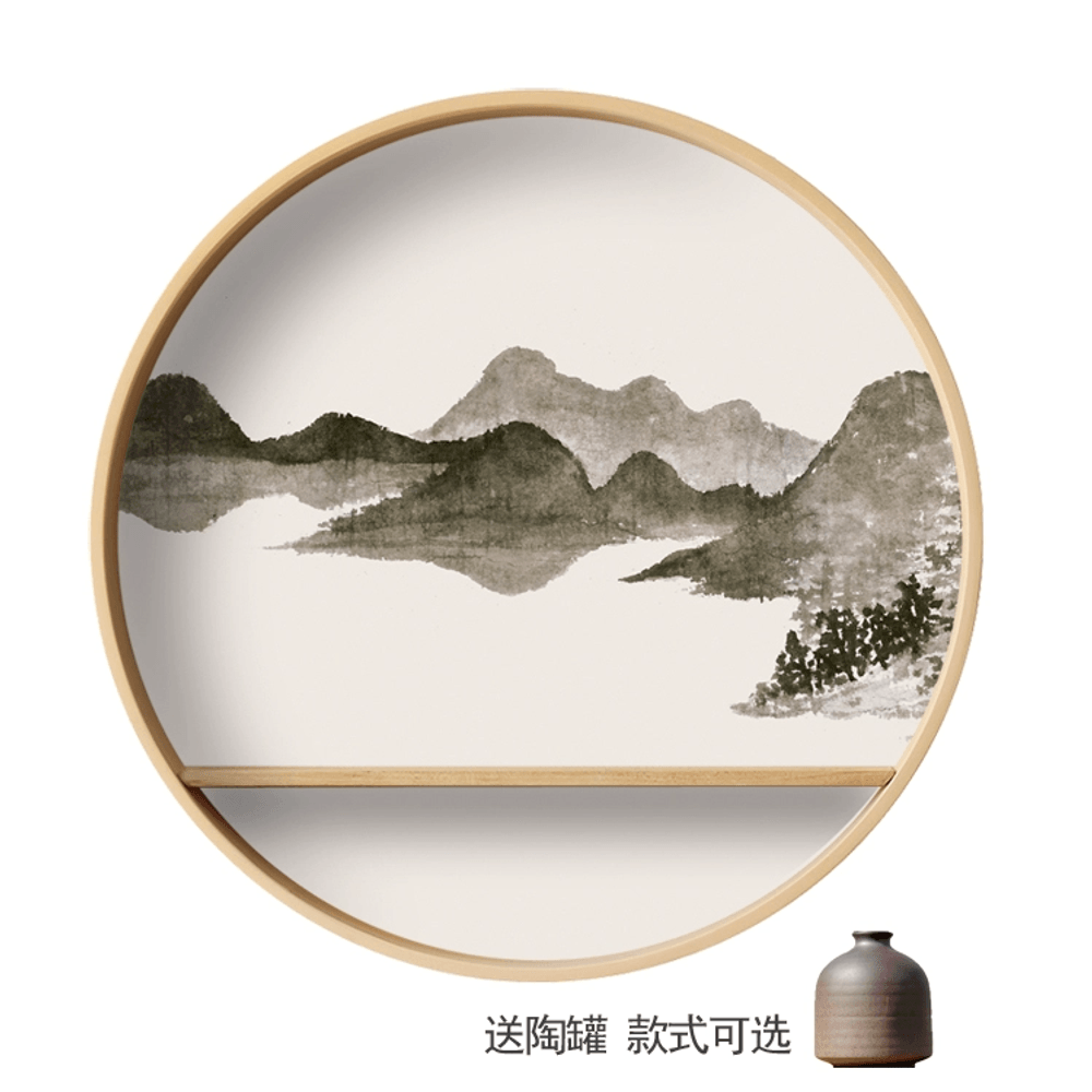 원목 원형 벽걸이 장식 중국풍 수묵화 그림 액자 거실 식당 마호가니 50x50 호산도1