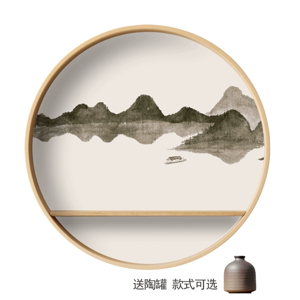 원목 원형 벽걸이 장식 중국풍 수묵화 그림 액자 거실 식당 마호가니 60x60 호산도2