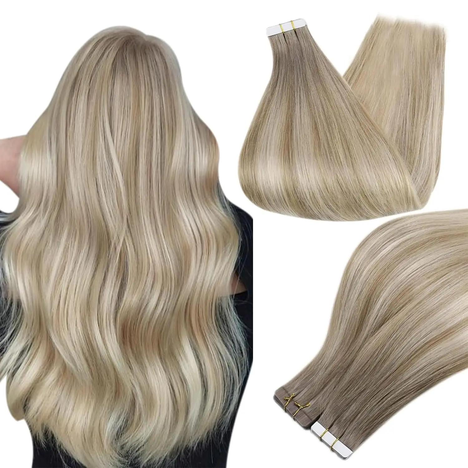 Balayage 금발 컬러 인모 연장 풀 샤인 테이프 옴버 100 인모 피부 씨실 접착제 심리스 기계 레미