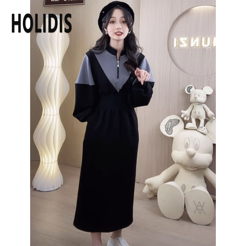 HOLIDIS 여성용 기모 차이나 칼라 긴팔 롱 원피스 하이웨스트 가을 겨울 슬림 스커트 M 기모