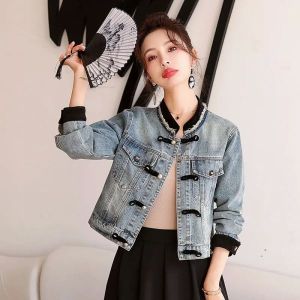 데님 자켓 청자켓 여성 코트 버클 긴팔 라운드넥 루즈핏