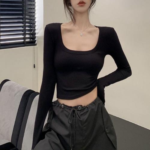 오노마 ONM 여성 골지 크롭 딥 U넥 얇은 이너 긴팔 티셔츠