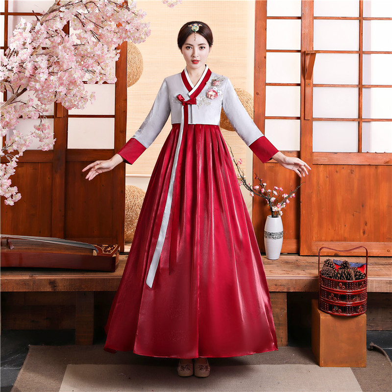 여성 한복 전통 설 명절 추석 개량 결혼식 드레스 댄스 민속 길이 의상 무대 01 WhiteRed L
