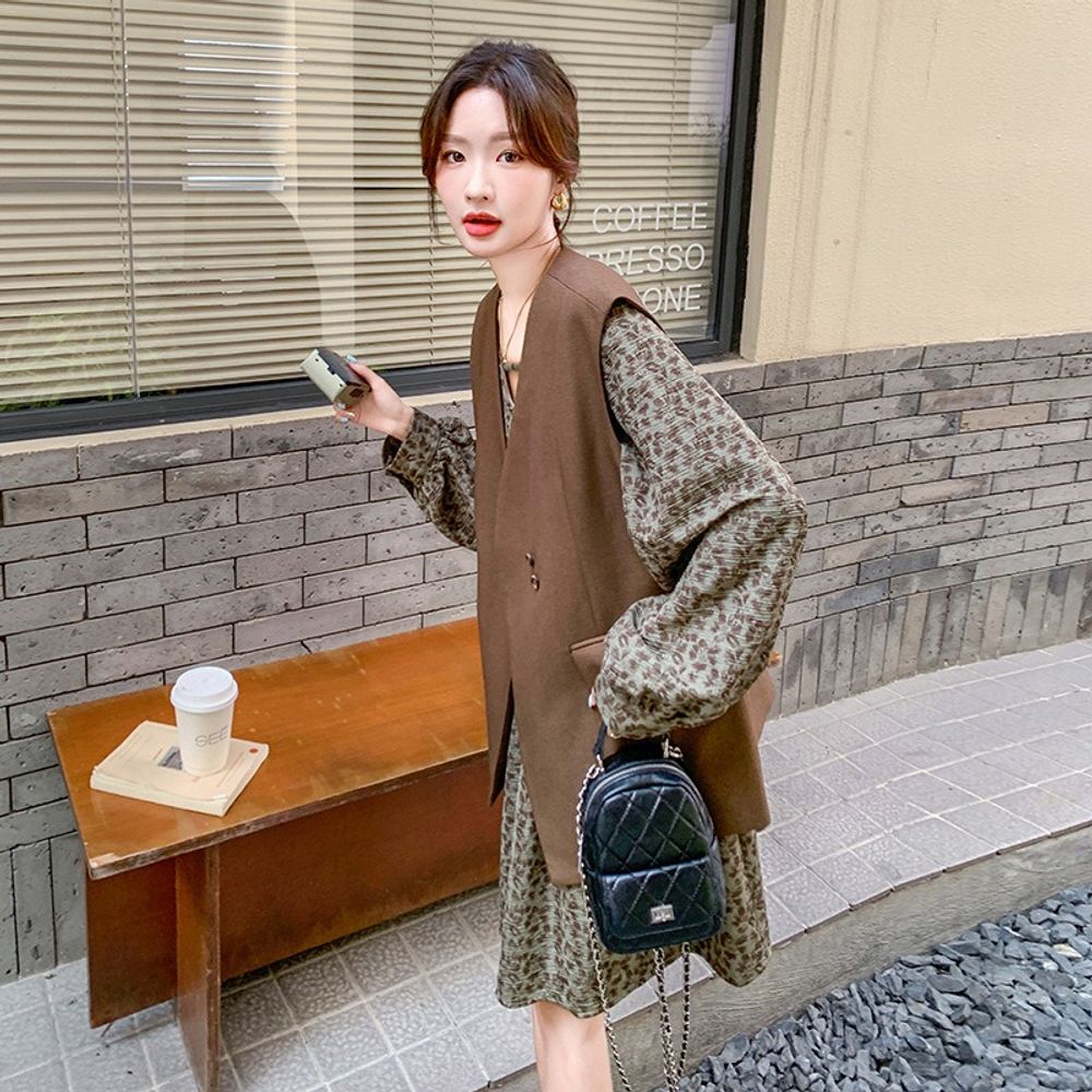 여자 봄 정장세트 스윗쿠 긴팔 프린트 원피스 세트 정장 조끼 스커트 투피스 SPO마켓1