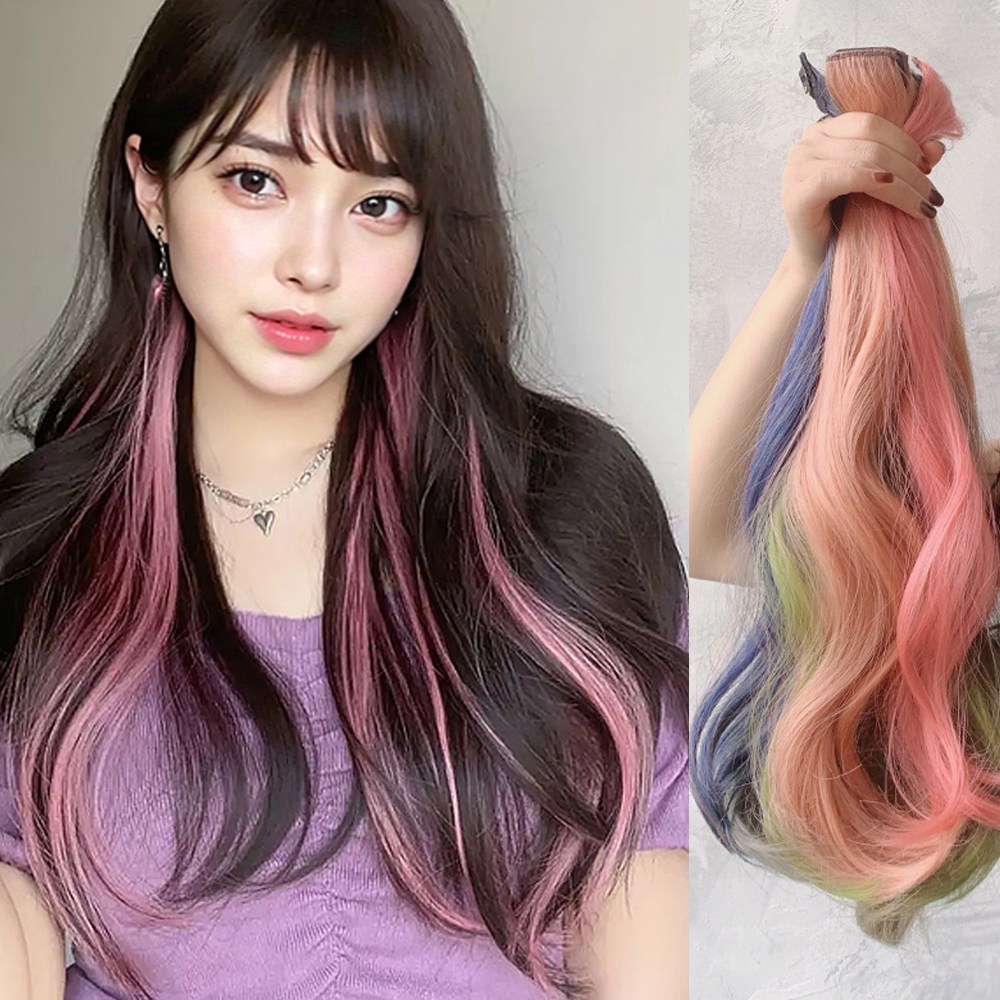에쉬 브릿지 똑딱이 붙임머리 그라데이션 투톤 웨이브 포인트 컬러 헤어피스 1개 피스 투톤 더스티블루