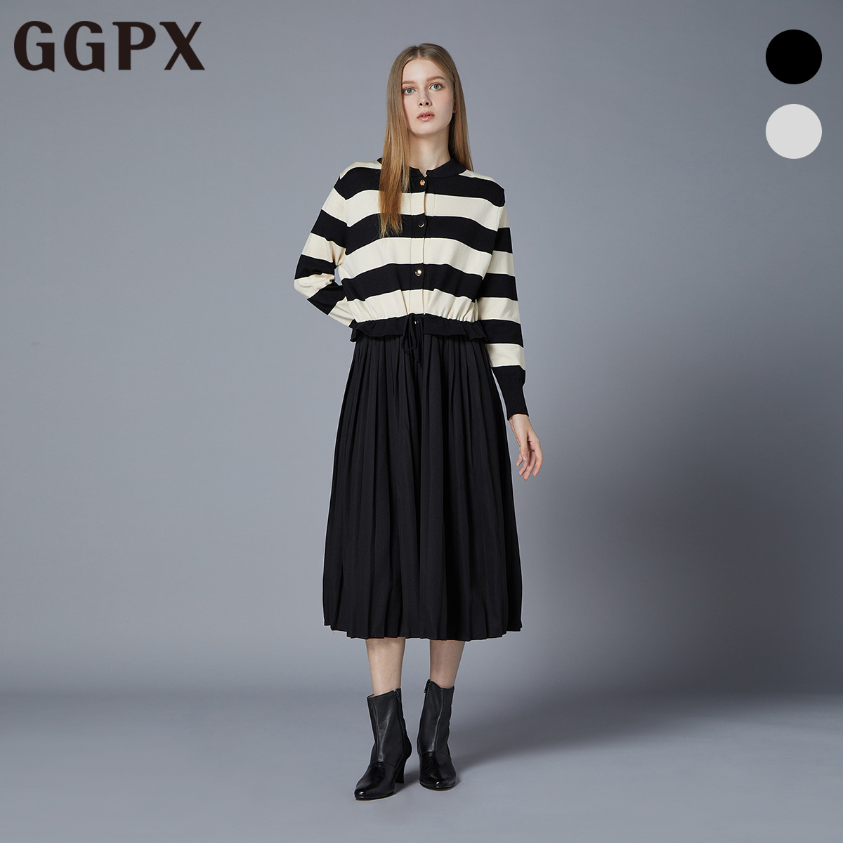 GGPX 골드 버튼 스트라이프 니트 배색 플리츠 원피스 지지피엑스 GOAOP070F
